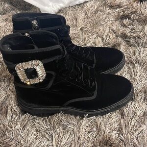 ROGER VIVIER BLACK VELVET ANKLE BOOTS WITH CRYSTAL BUCKLE